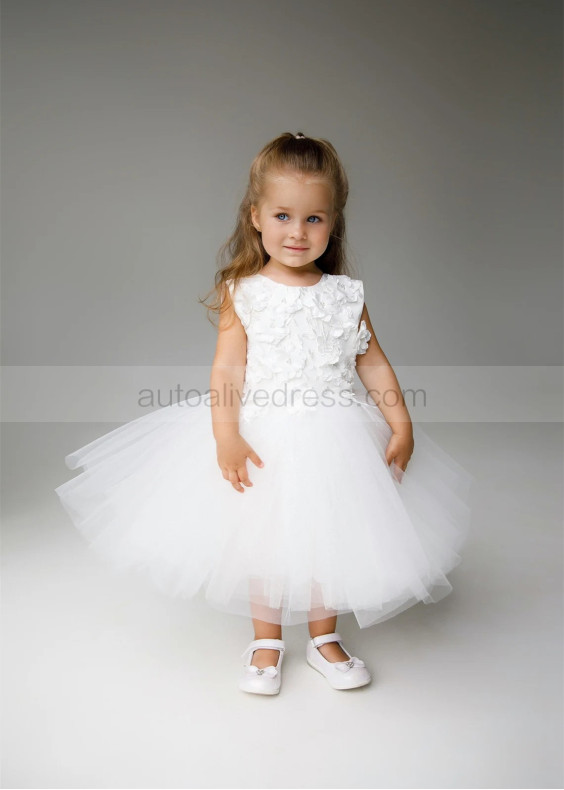 Ivory 3D Flowers Tulle Flower Girl Dress With Removable Train